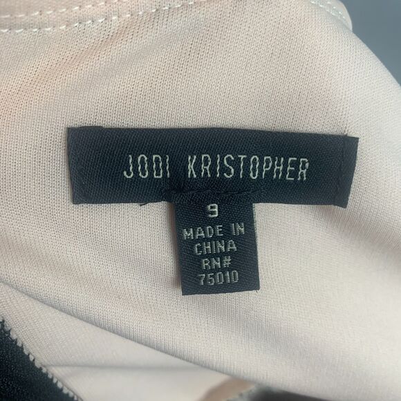 Jodi Kristopher Black Lace Nude Lined Fit Flare Dress Rhinestone Waist Size 9 - Picture 5 of 8